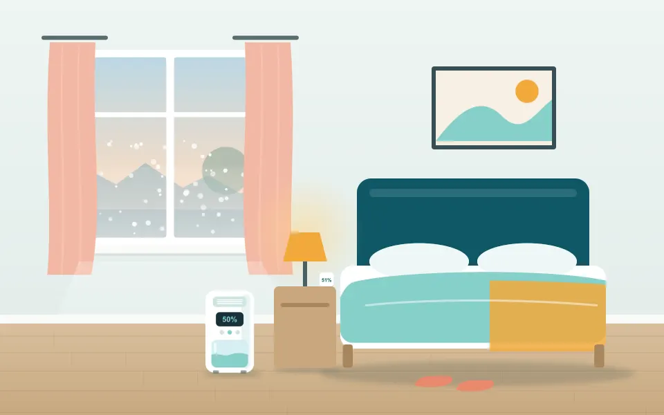 A bedroom in the morning with condensation on the window and a small dehumidifier by the bedside table
