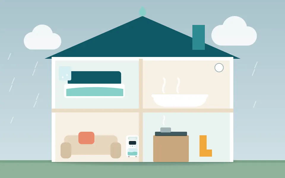 A cutaway of a two-storey house showing the bedroom, bathroom, living room and kitchen, with rain outside