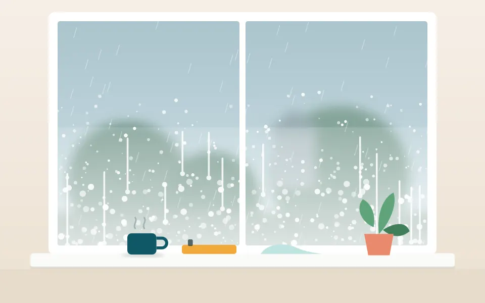 Close-up of a window covered in condensation droplets on a rainy day, with a mug and a plant on the sill